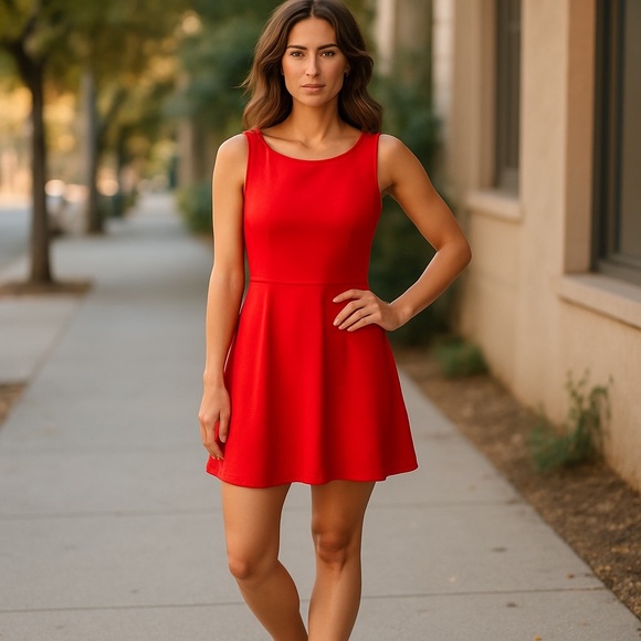 NWT RIHOAS Red VNeck Back Sleeveless Fit & Flare Midi Dress L Holiday Party - Picture 1 of 9